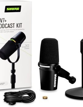 Shure MV7+ Podcast Dynamic Microphone with Stand. OBS Certified, Enhanced Audio, LED Touch Panel, USB-C & XLR Outputs, Auto Level Mode, Digital Pop Filter, Podcasting, Streaming, Recording – Black